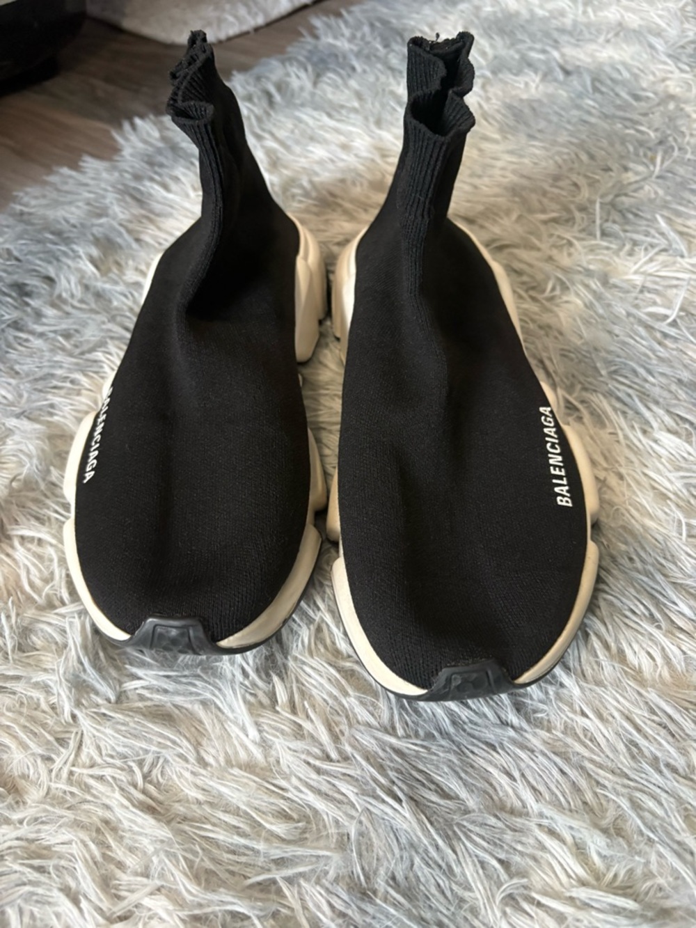 Balenciaga Women’s Black Knit Sock Sneakers with Off-White Sole